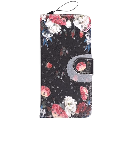 iPhone 15 Pro Max - Design Wallet - Dark Flowers with Gems